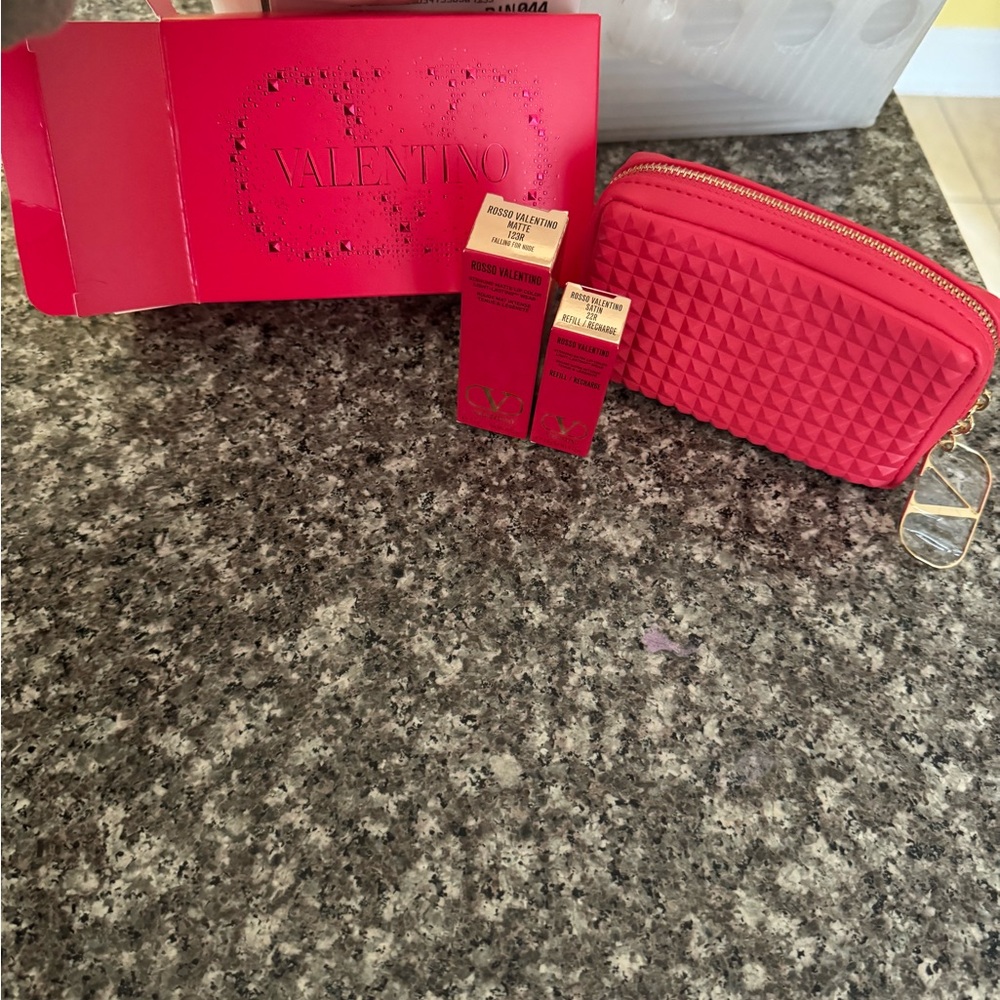 Valentino Red Quilted Leather Makeup bag and lip sticks